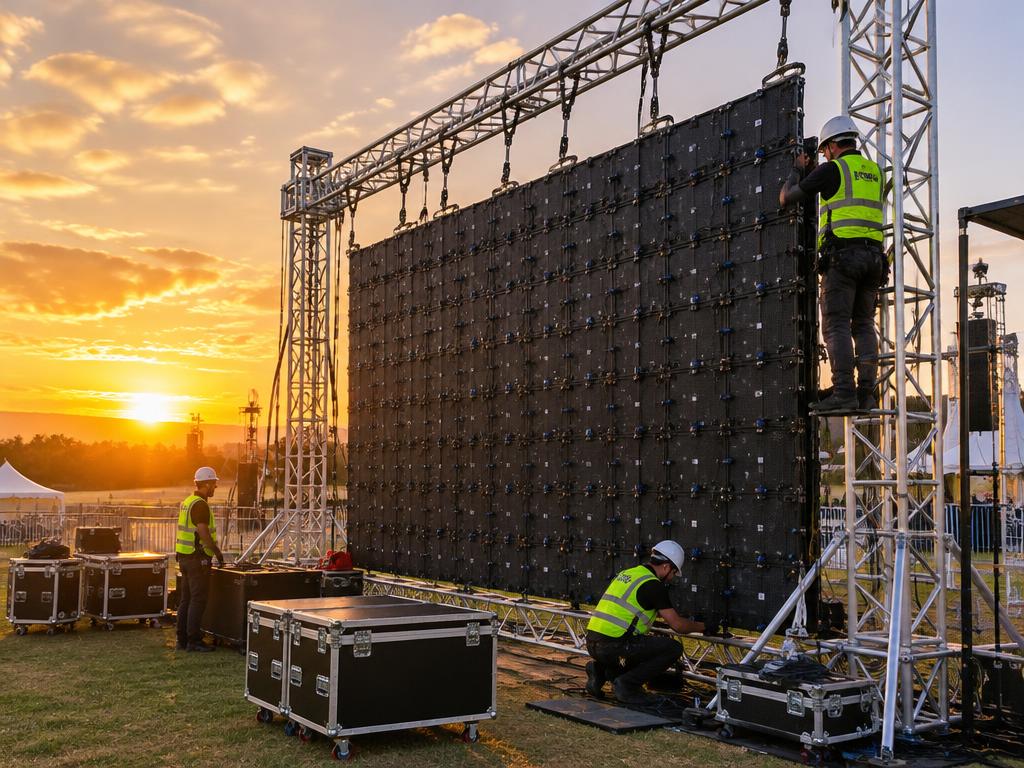 Crew installing an outdoor LED wall